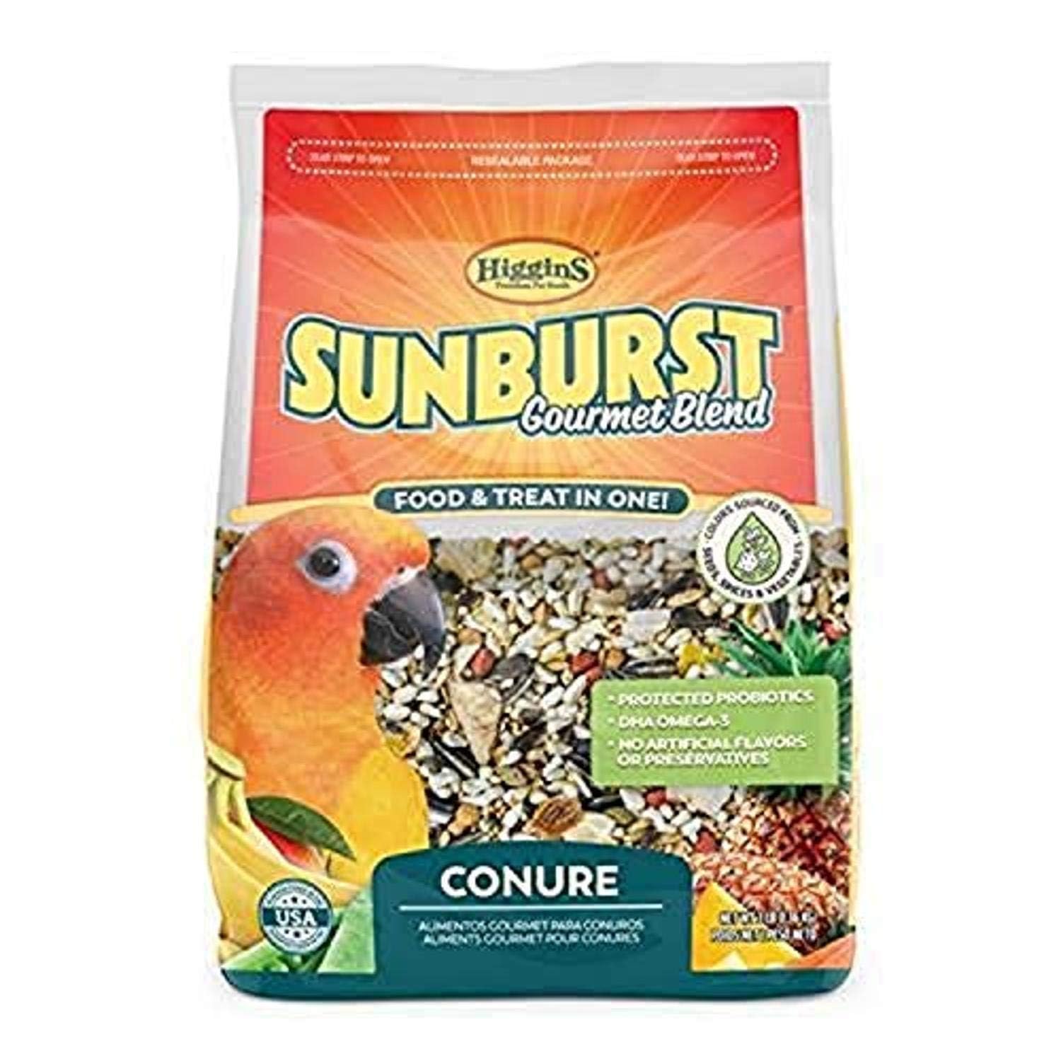 Higgins Sunburst Conure 3lb bag front highlights premium ingredients for vibrant feathers.