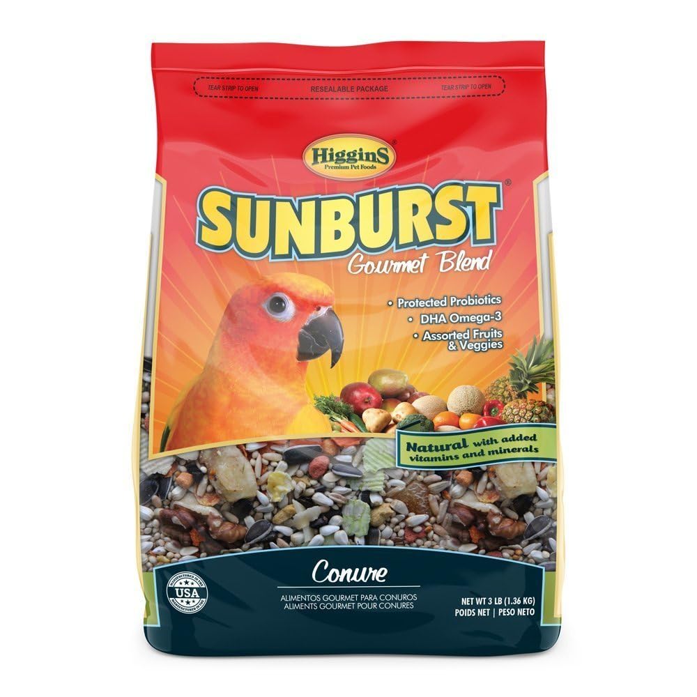 Higgins Sunburst Conure ingredients closeup emphasizes diverse fruits and seeds for balanced nutrition.