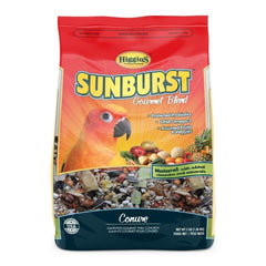 Higgins Sunburst Conure ingredients closeup emphasizes diverse fruits and seeds for balanced nutrition.