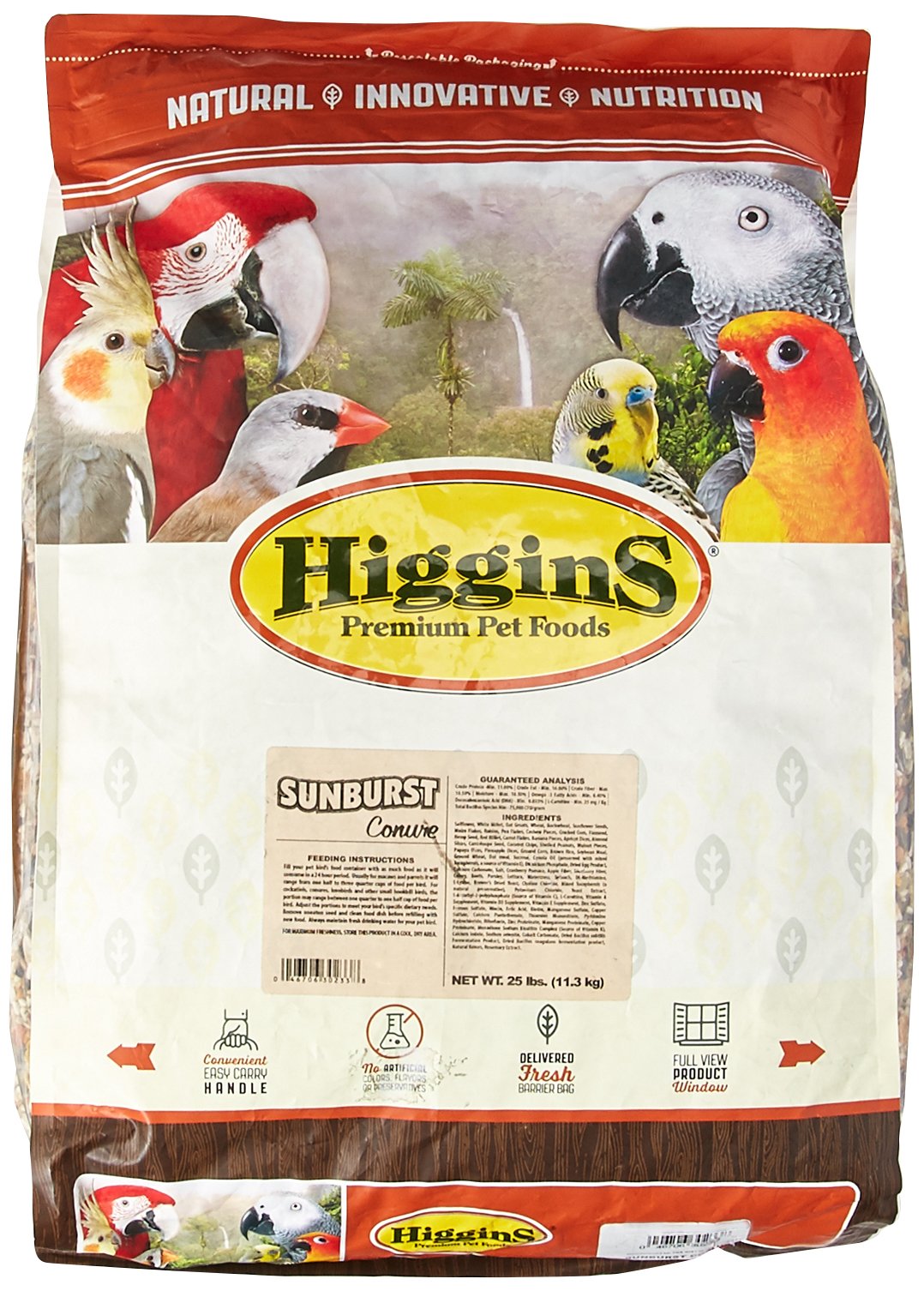 Higgins Sunburst Conure 25lb bag showing the product ready for storage and long-term feeding
