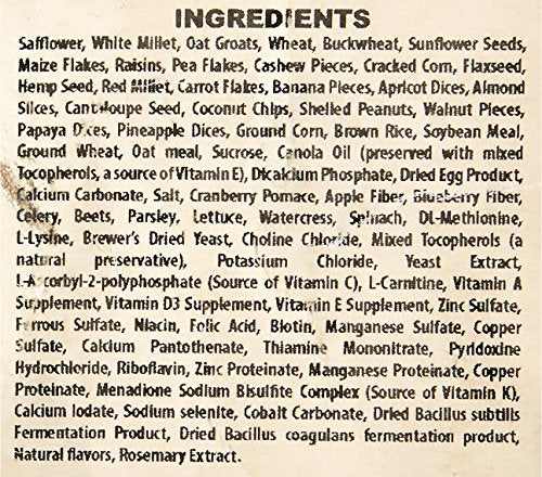 Higgins Sunburst Conure packaging closeup displaying natural ingredients and no artificial additives