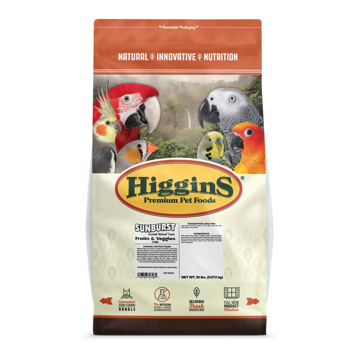 Higgins Sunburst large Hookbill 20lb bag with colorful fruits and veggies