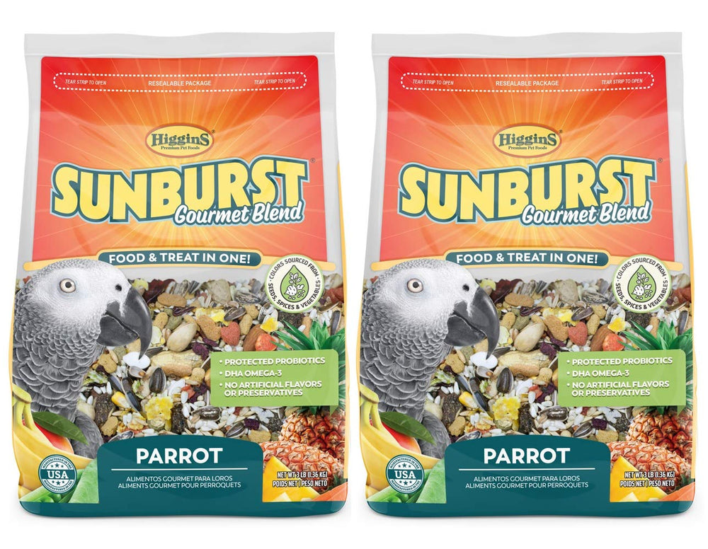 Higgins Sunburst Gourmet Blend Parrot Food front view shows two bags, suggesting a two-pack option for routine feeding.
