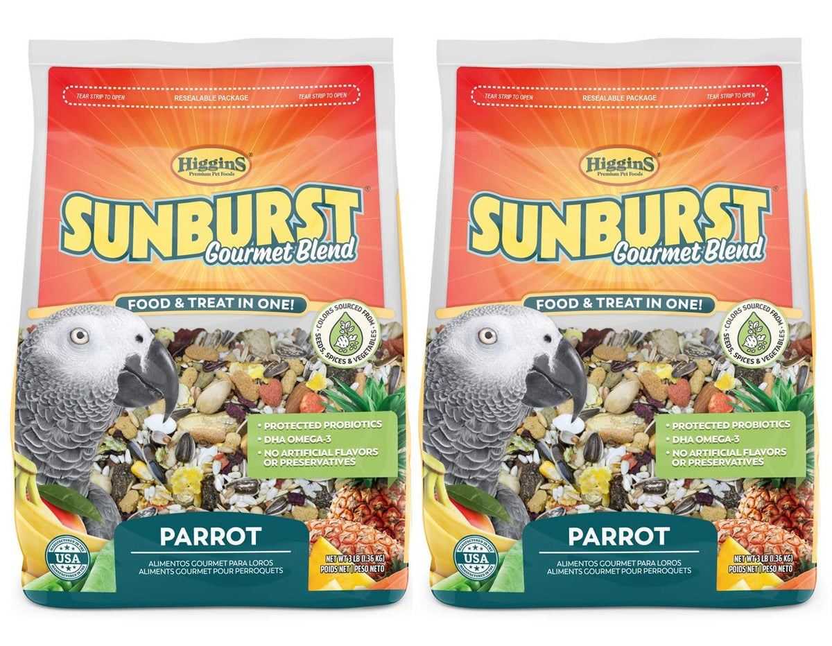 Higgins Sunburst Gourmet Blend Parrot Food front view shows two bags, suggesting a two-pack option for routine feeding.