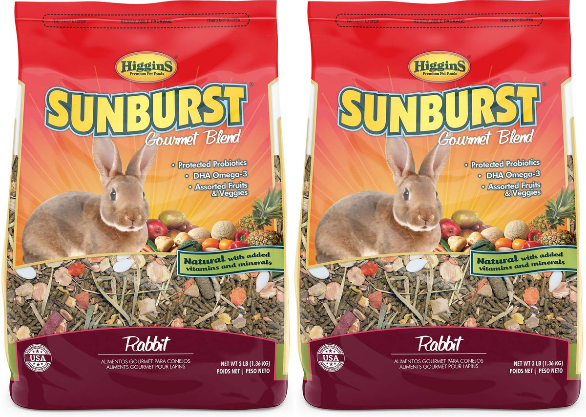 Higgins Sunburst Gourmet Blend Rabbit Food bag and bowl showcasing natural ingredients for balanced rabbit nutrition.