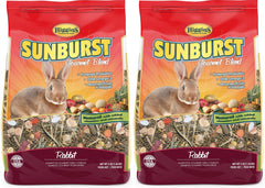 Higgins Sunburst Gourmet Blend Rabbit Food bag and bowl showcasing natural ingredients for balanced rabbit nutrition.