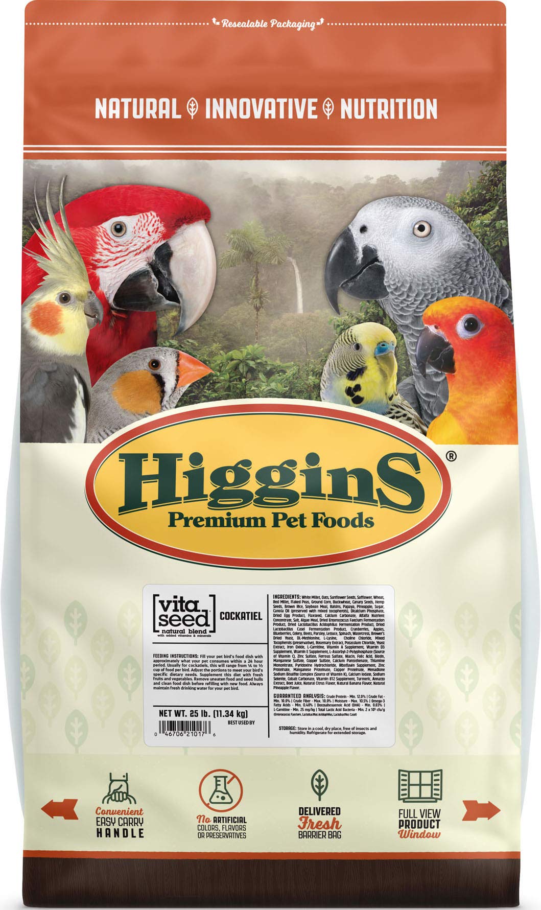 Higgins Vita Seed Cockatiel Food bag shows balanced nutrition for cockatiels' energy and plumage
