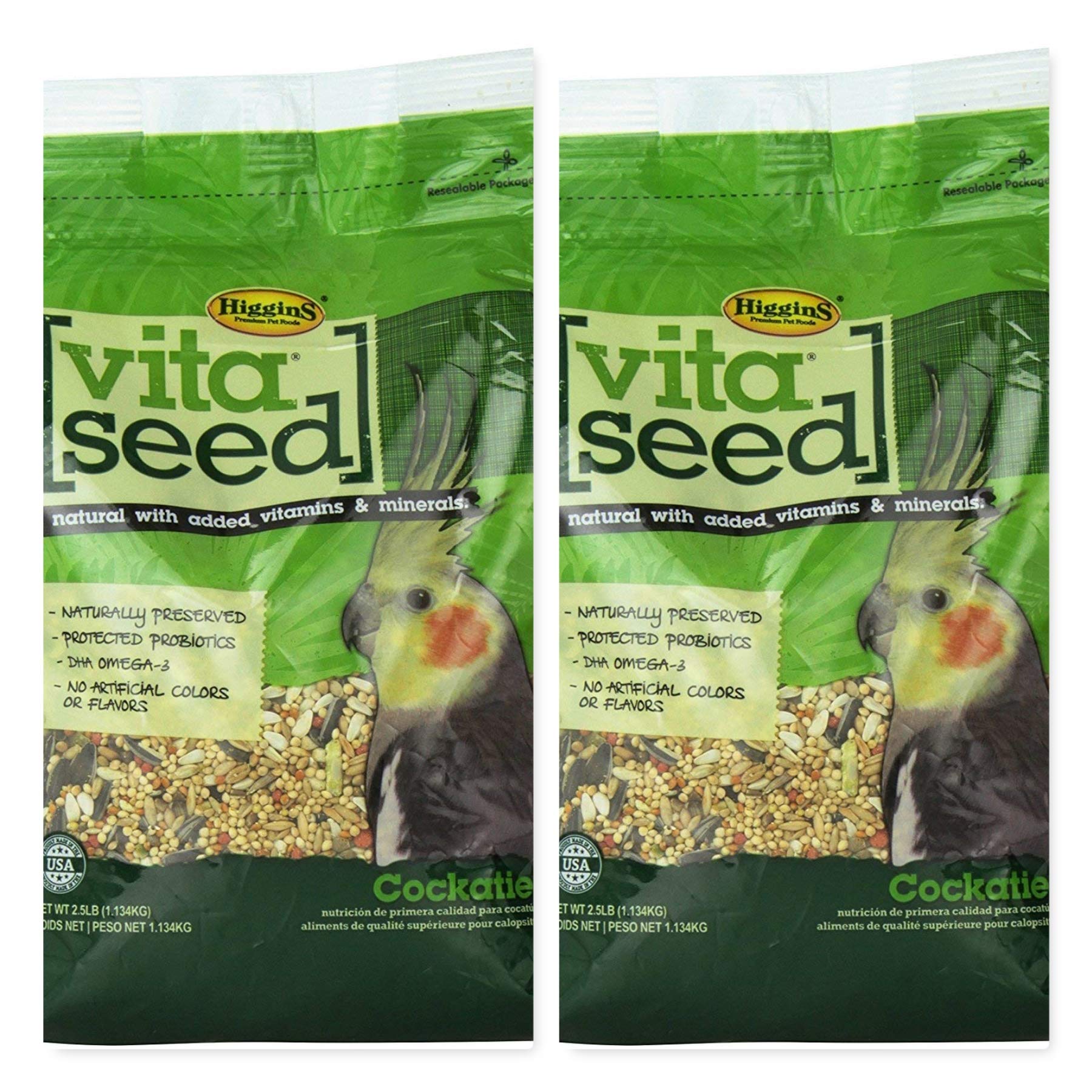 Higgins Vita Seed cockatiel food bag highlights natural blend for balanced diet and easy feeding.