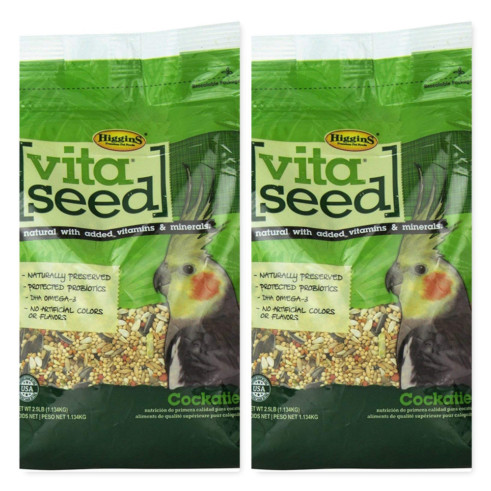 Higgins Vita Seed cockatiel food bag highlights natural blend for balanced diet and easy feeding.