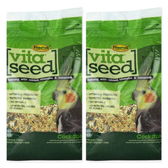 Higgins Vita Seed cockatiel food bag highlights natural blend for balanced diet and easy feeding.