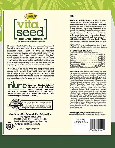 Higgins Vita Seed Natural Blend Parrot Food bag closeup highlighting natural ingredients and freshness.