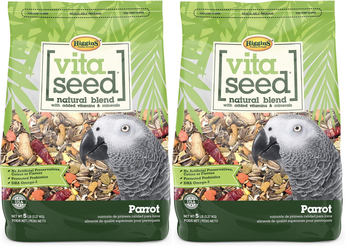 Higgins Vita Seed Natural Blend Parrot Food two-pack for daily feeding variety and convenience.