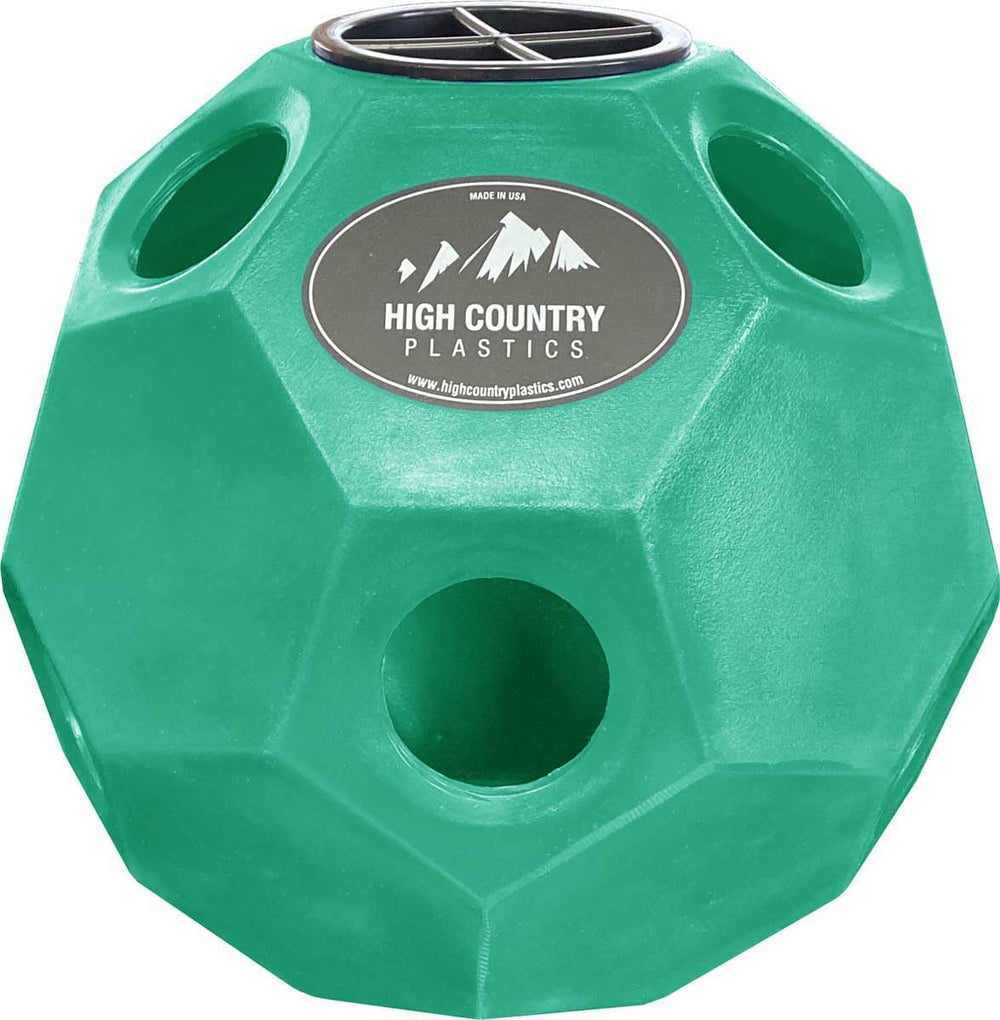 High Country Plastics Hay Play Ball Green front view promotes grazing posture and portability.