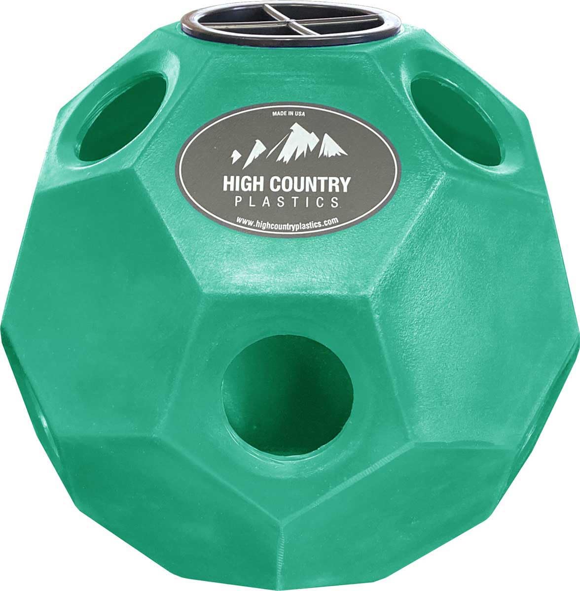 High Country Plastics Hay Play Ball Green front view promotes grazing posture and portability.