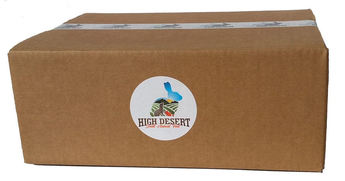 High Desert 1st Cut Timothy Hay packaging box delivers low-dust nutrition for small pets.