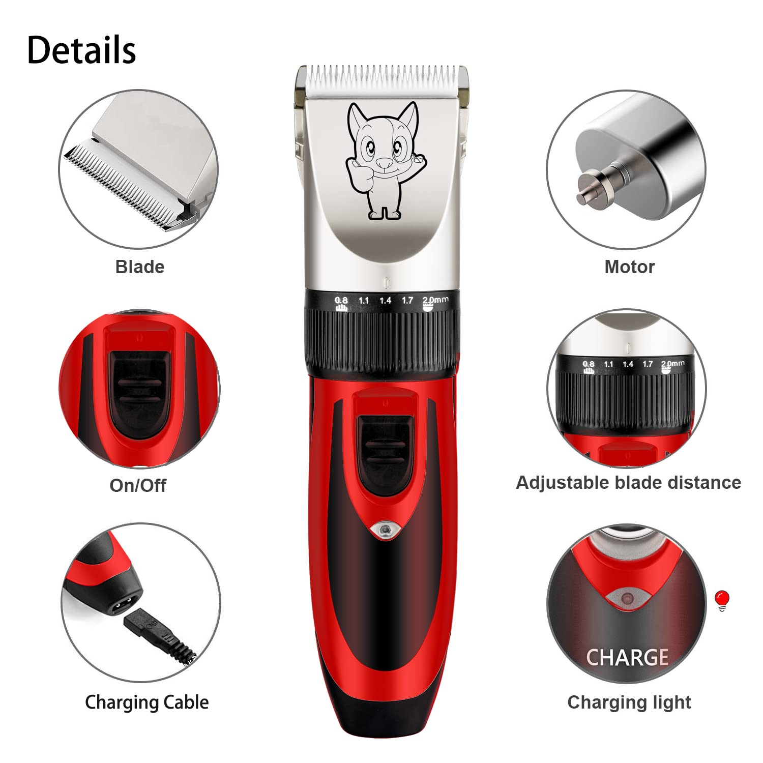 Highdas dog grooming kit LED charging indicator shows ready-to-use cordless sessions.