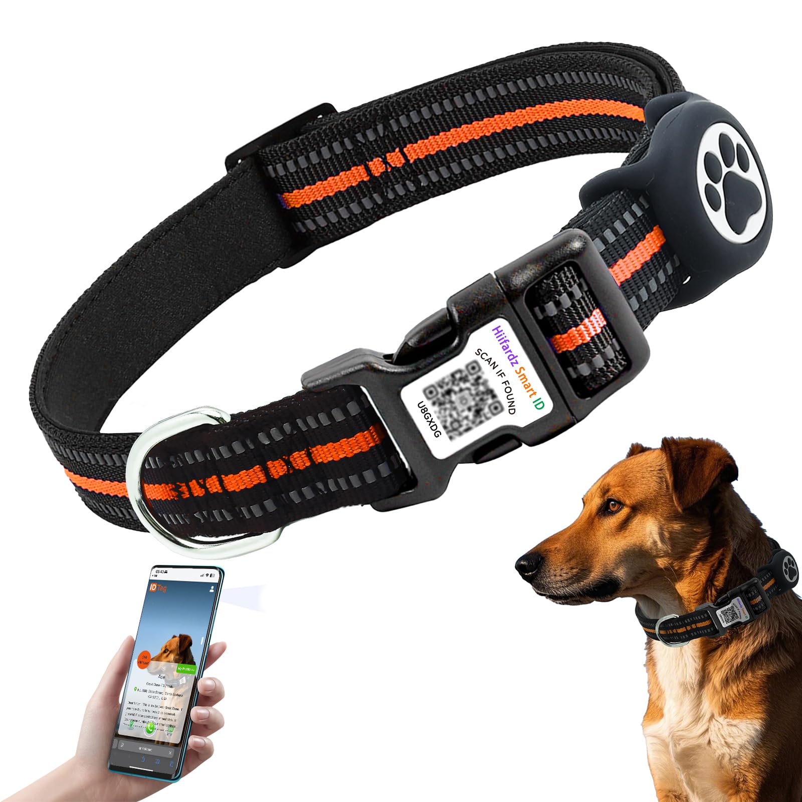 Hiifardz Airtag collar orange with reflective strips for safer night walks.