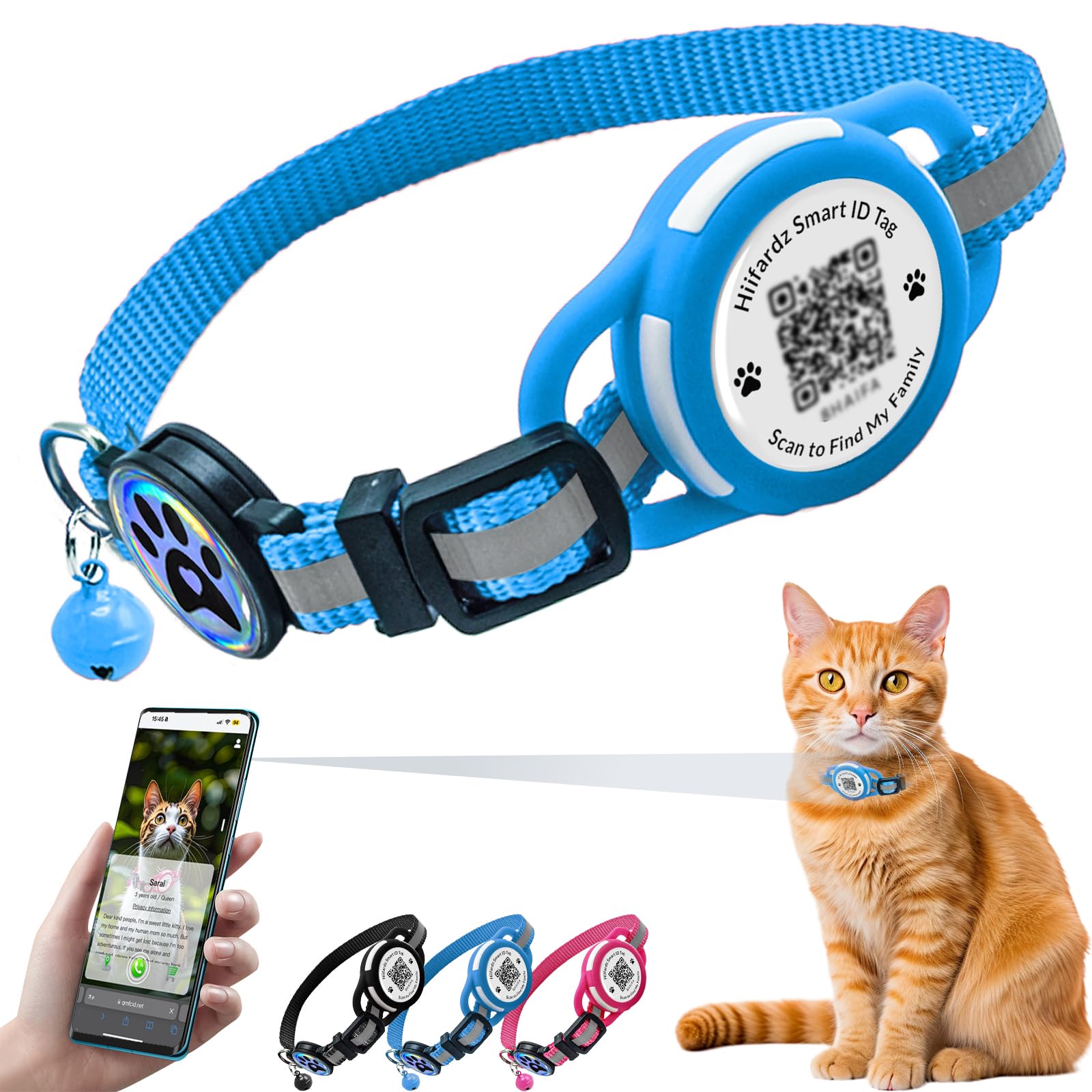 Hiifardz cat collar airtag-holder blue close-up highlights secure tracker protection for quick lost-pet recovery.