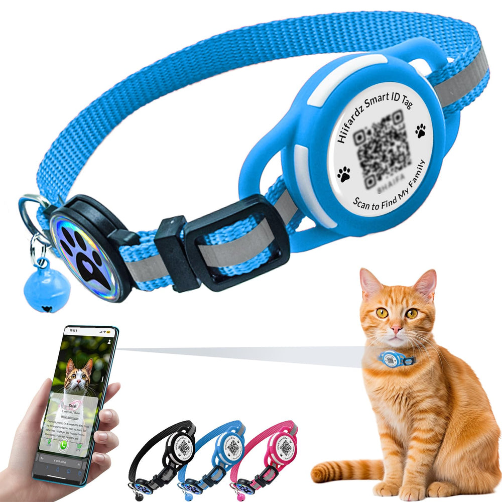 Hiifardz cat collar airtag-holder blue close-up highlights secure tracker protection for quick lost-pet recovery.