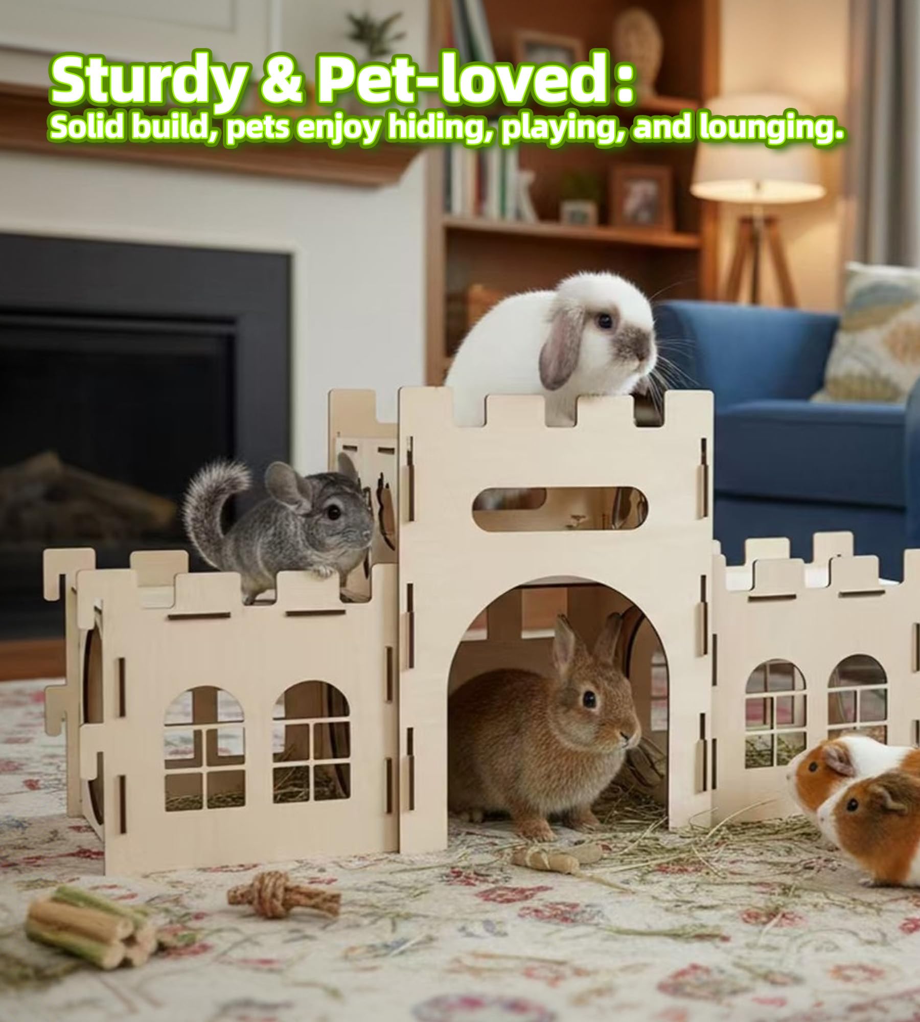 HIIMALEX split balcony bunny house angled shot showing two levels of exploration.