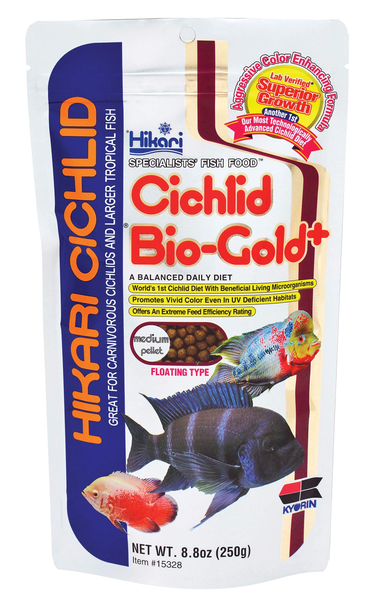 Hikari Bio-Gold pellets floating for easy feeding monitoring and portion control.