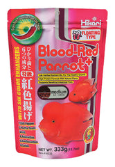 Hikari Blood Red Parrot+ pellet packaging highlights color-enhancing nutrition for parrot cichlids