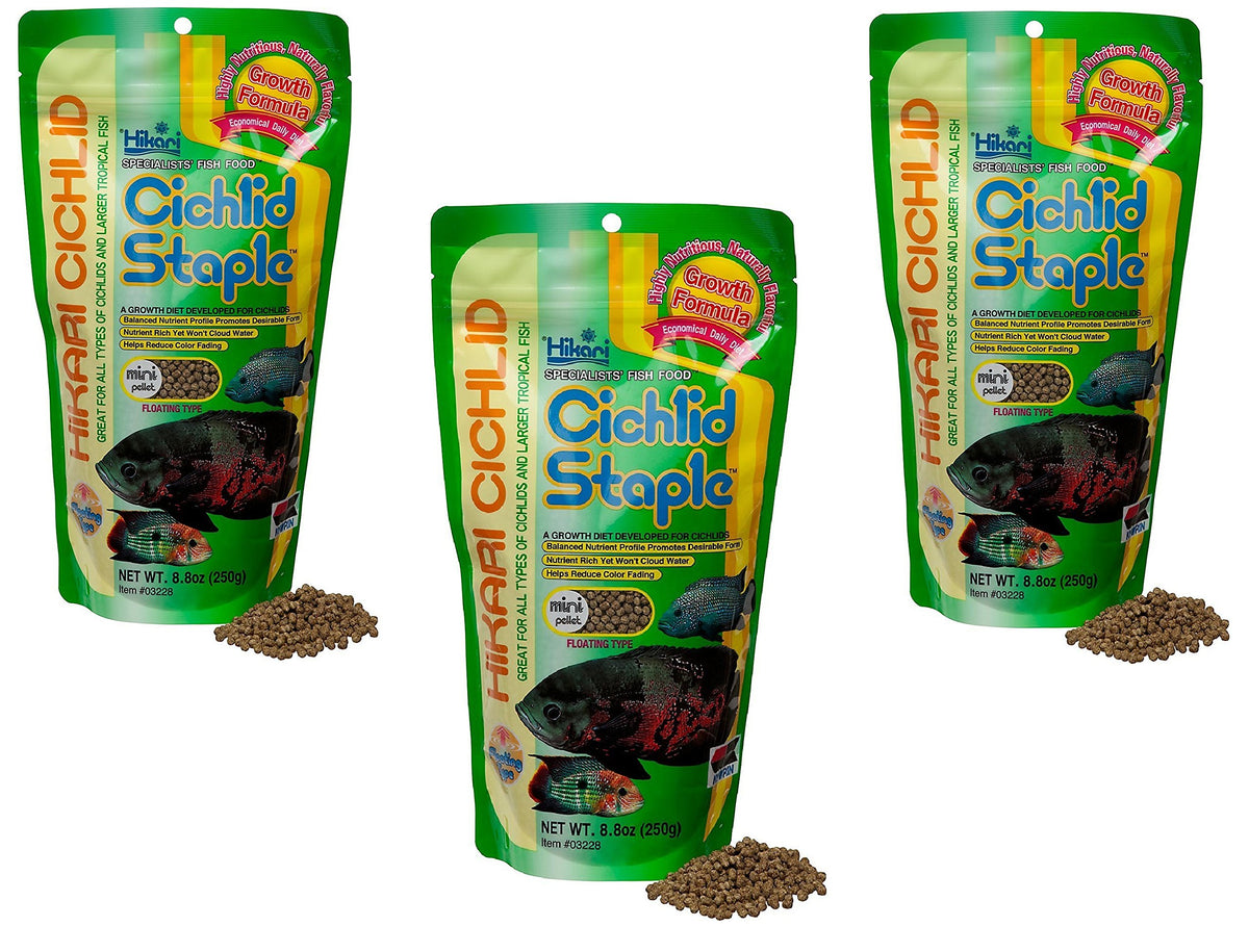 Hikari Cichlid Staple Pellets mini pack shot showing floating feeding convenience