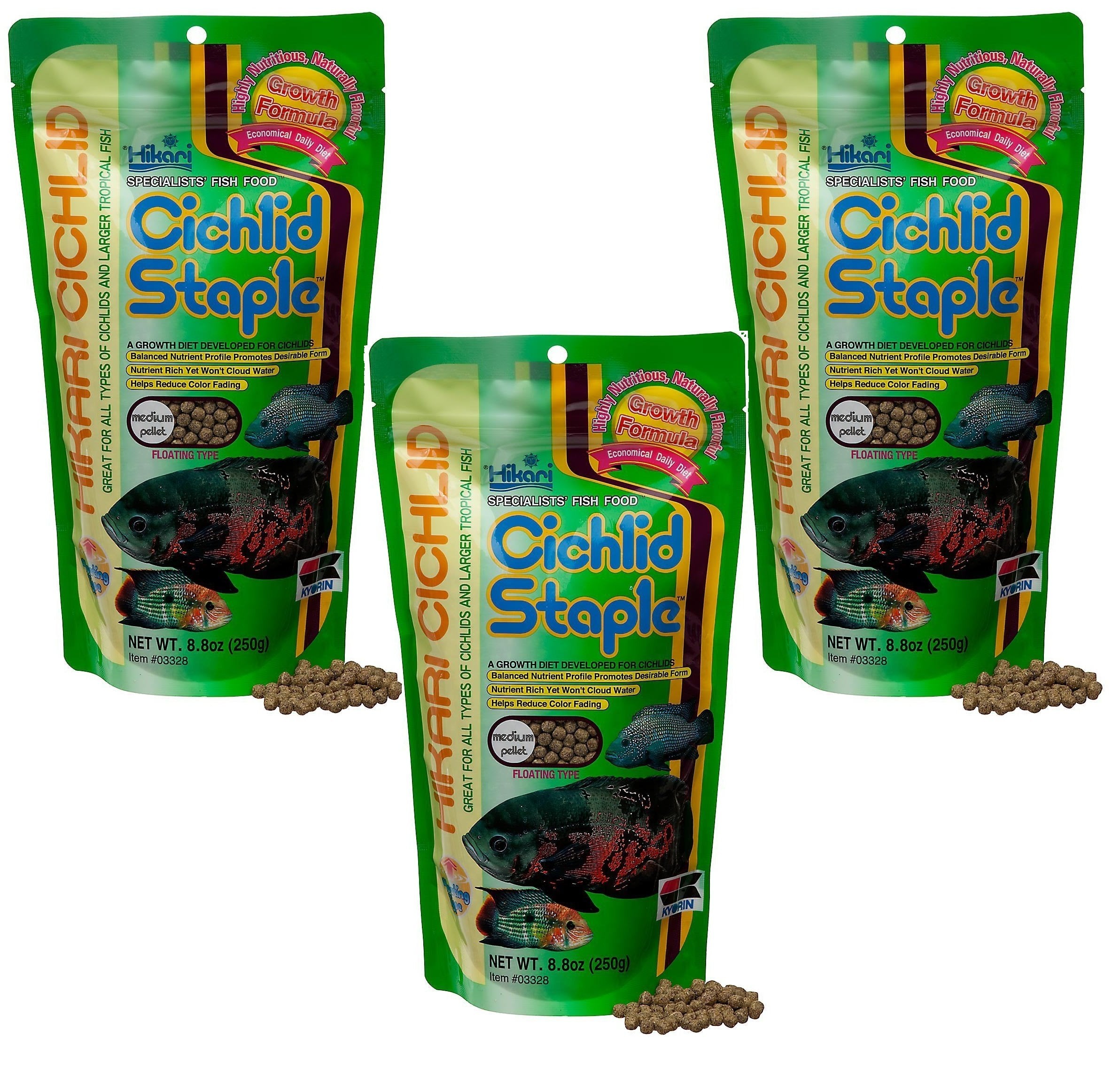 Hikari Cichlid Staple floating pellets for easy feeding control and clear water.