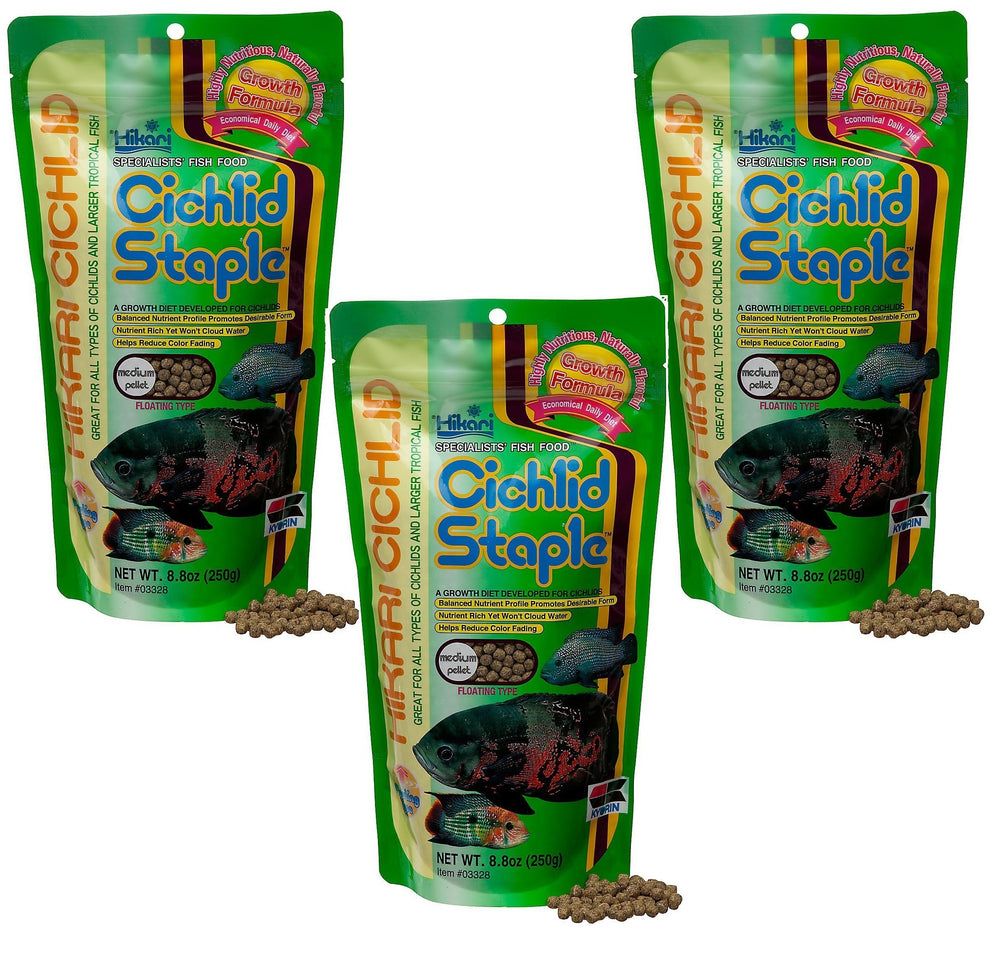 Hikari Cichlid Staple floating pellets for easy feeding control and clear water.