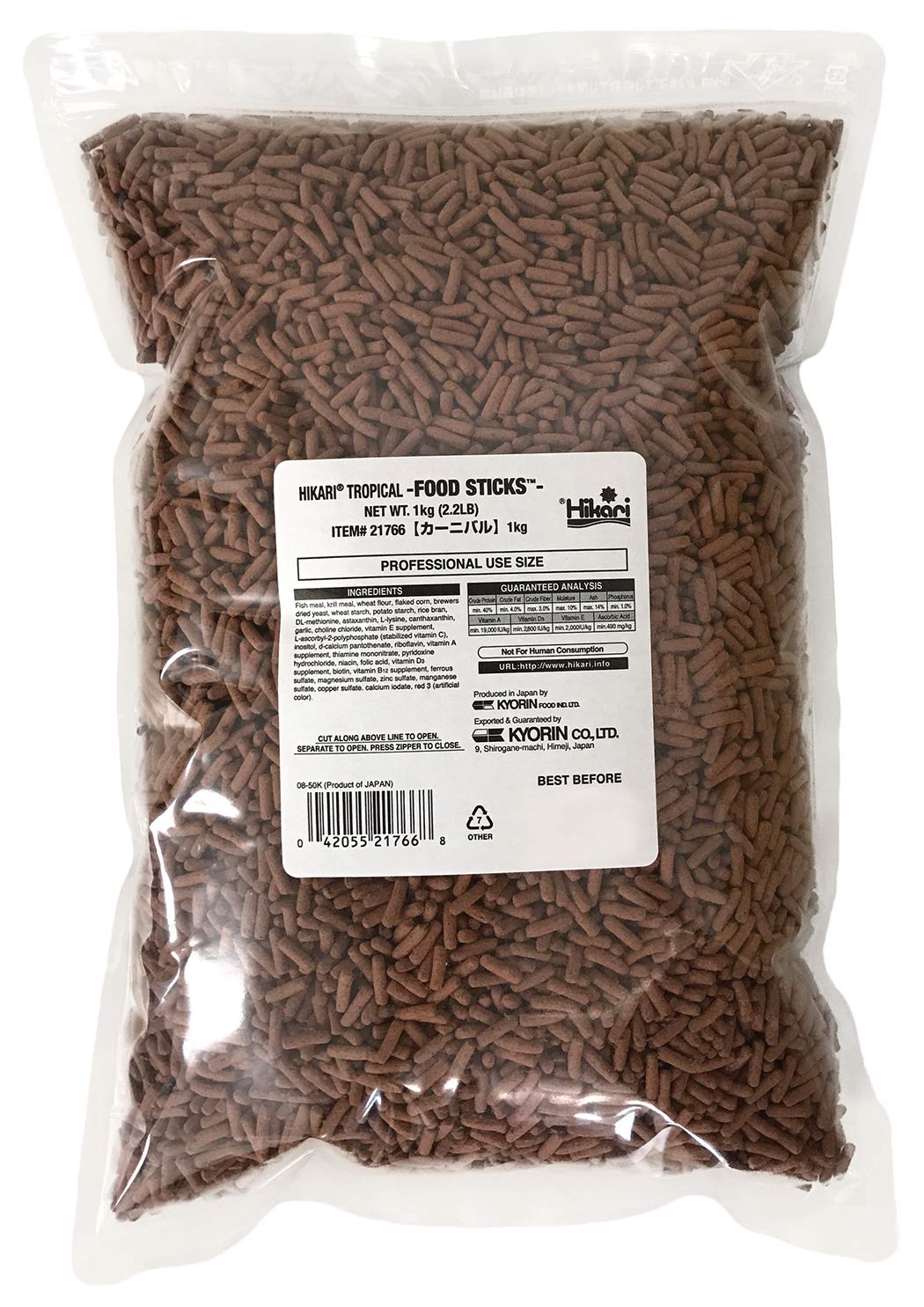 Hikari Floating Food Sticks pack shot emphasizes a balanced carnivore diet.