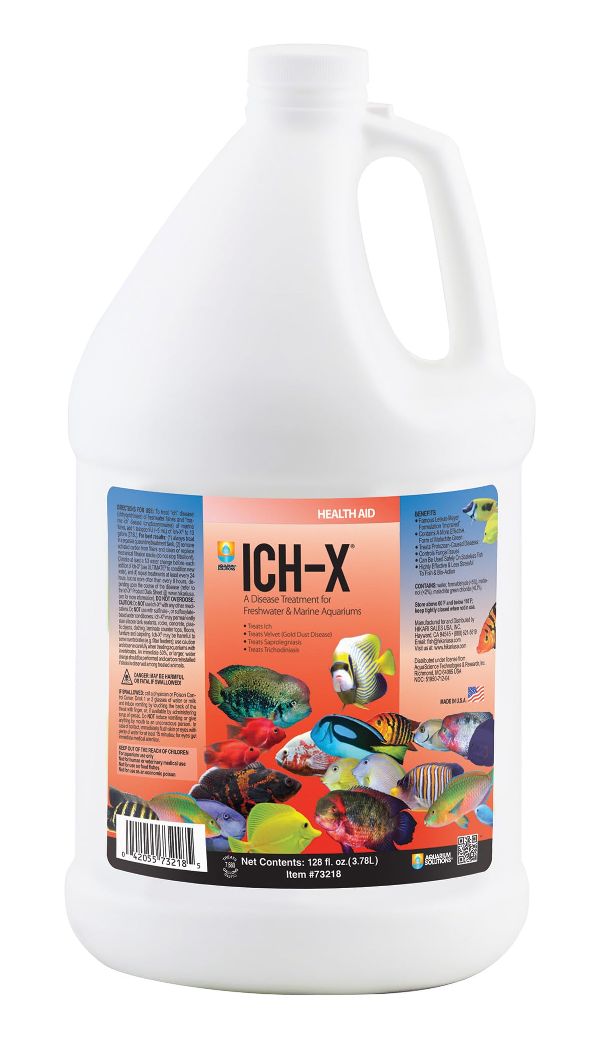 Hikari Ich-X Ich Treatment 1 Gallon bottle ready for convenient dosing in tanks.