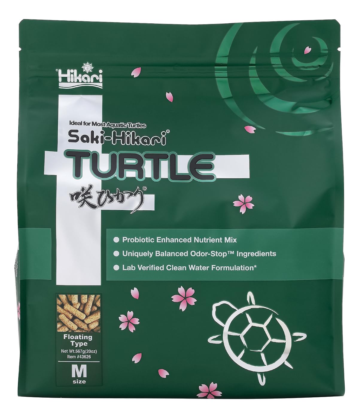 Hikari Saki-Turtle Sticks 20 oz bottle front view, highlights easy-to-use feeding routine