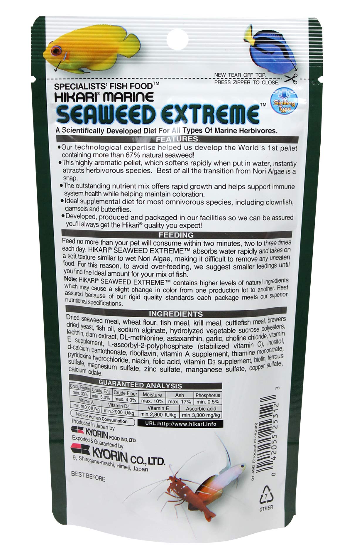 Hikari Seaweed Extreme pellets nourish omnivores like clownfish, damselfish, and butterflies.