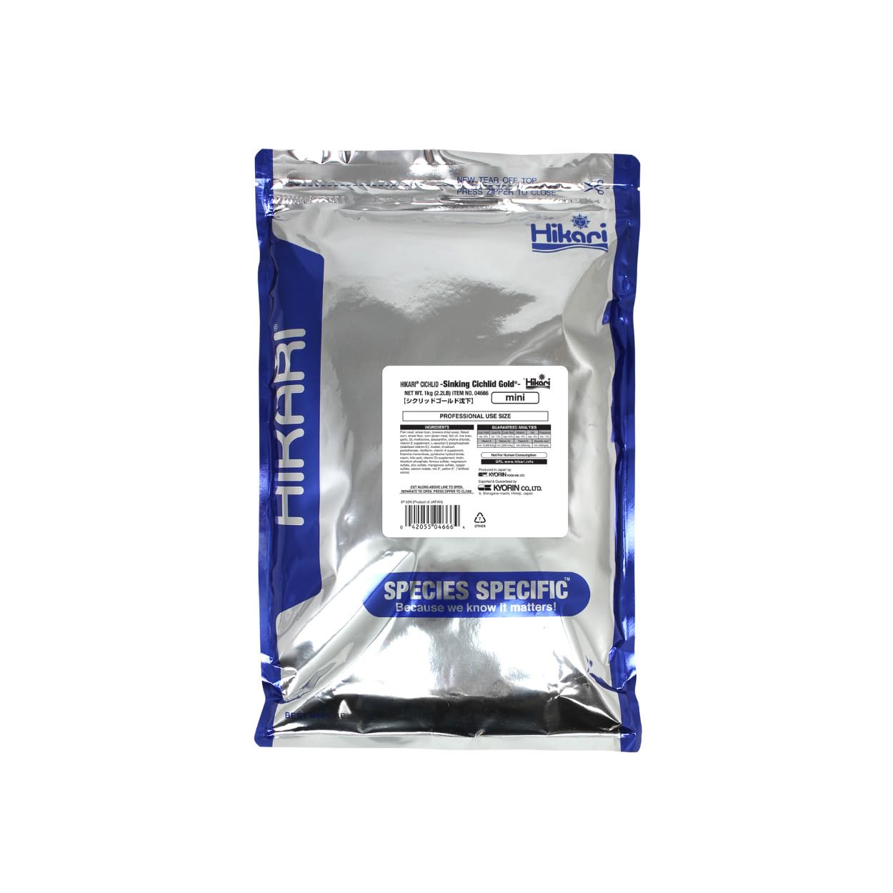 Hikari Sinking Cichlid Gold Pellets mini closeup shows color enhancers for vibrant fins