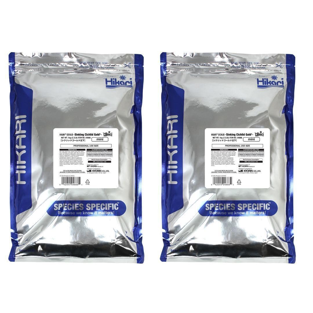 Hikari Sinking Cichlid Gold Pellets bottle pour demonstrates sinking feed for large tropical fish color enhancement