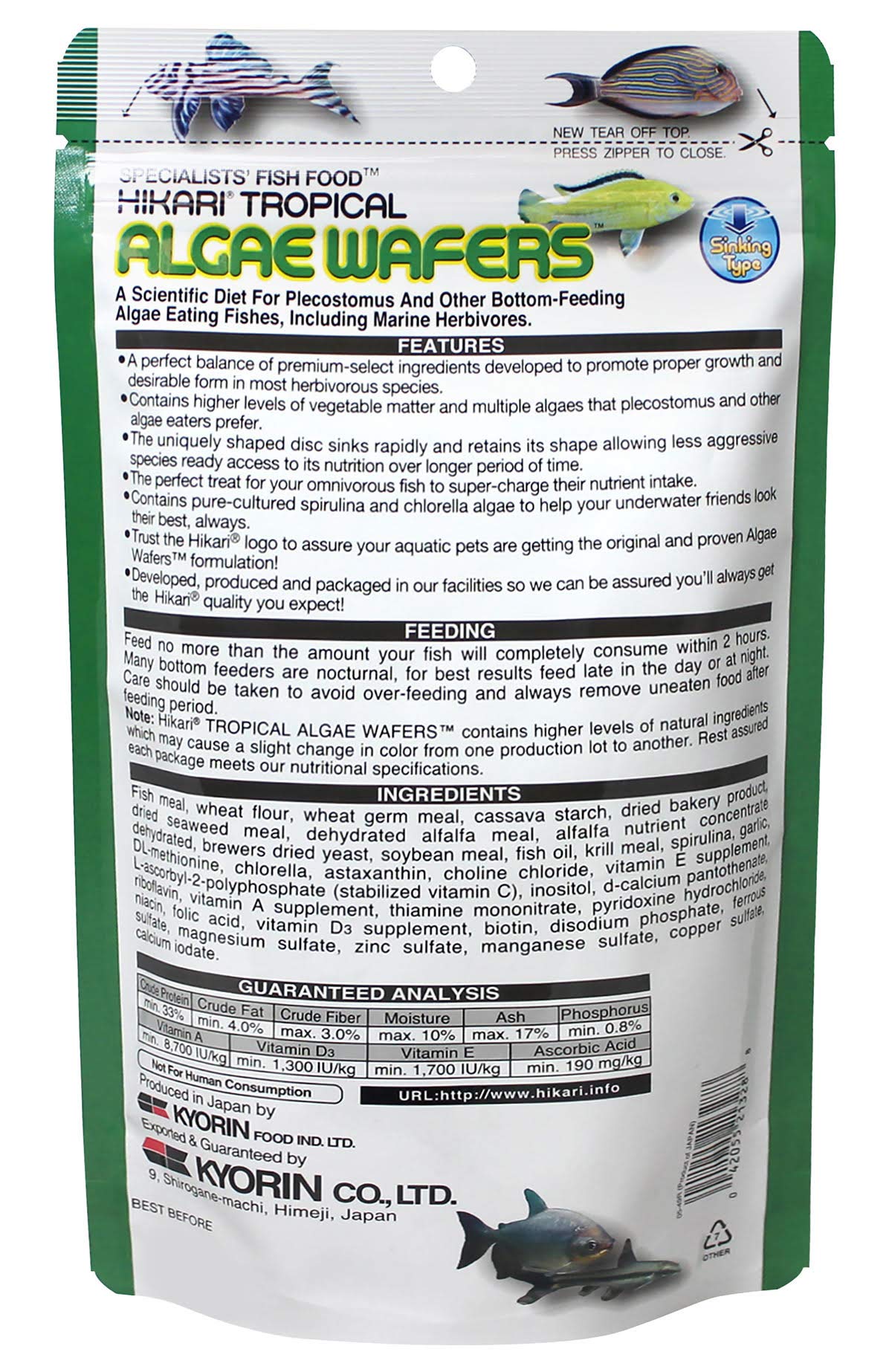 Hikari tropical algae wafer texture close-up highlights spirulina-rich formula.