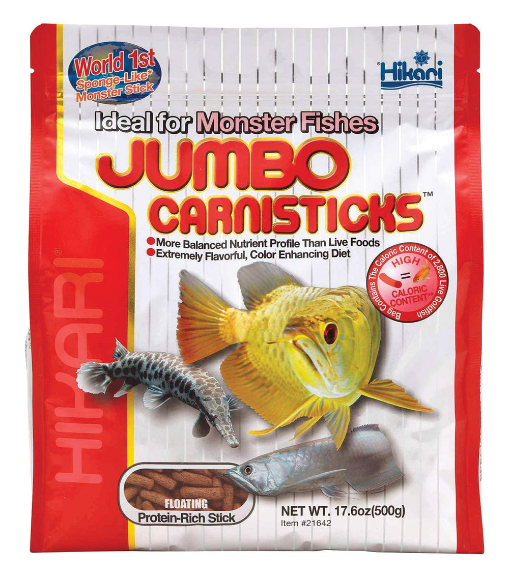 Hikari Tropical Jumbo Carnisticks packaging highlights a complete carnivore diet for large fish.