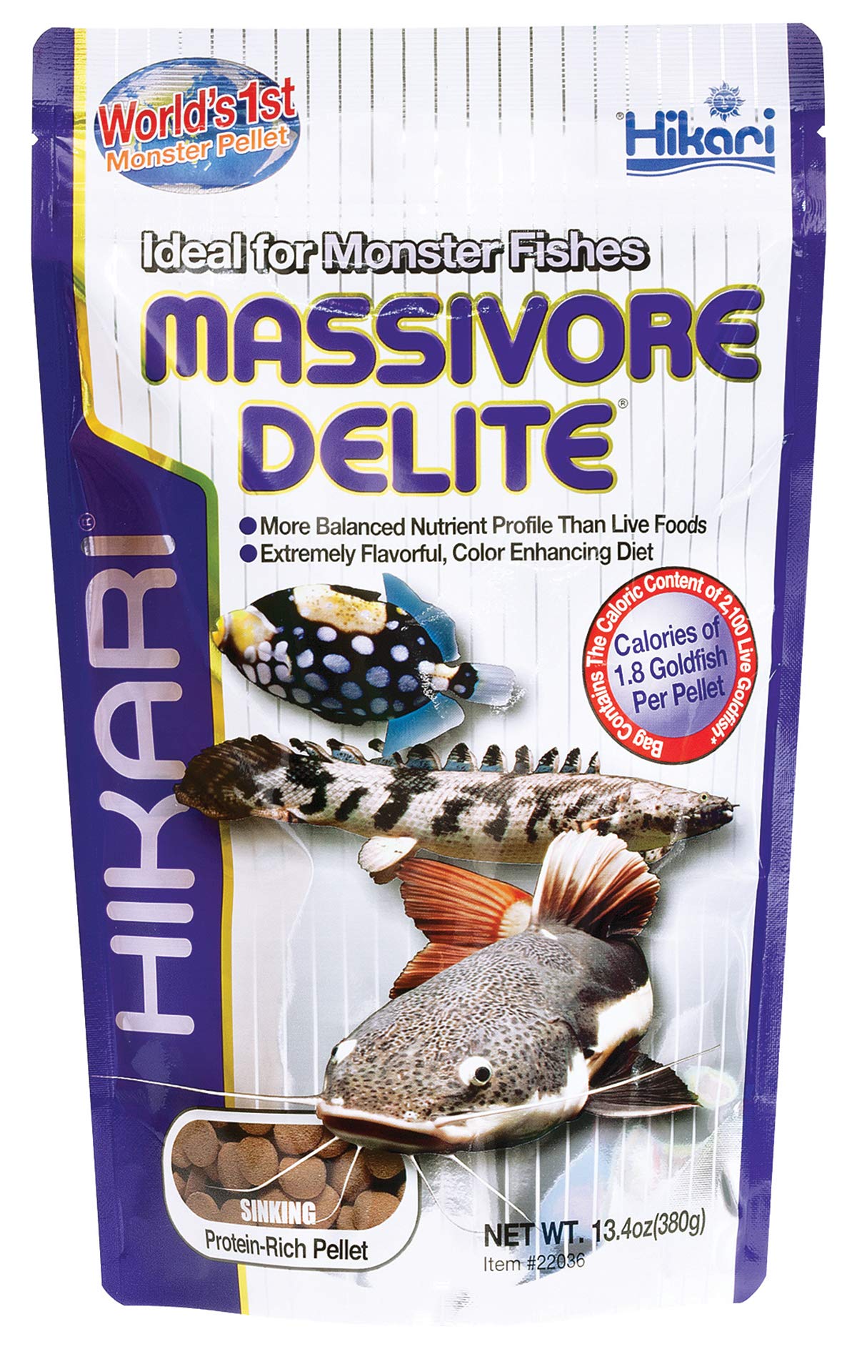Hikari Tropical Massivore Delite pellets close-up showing porous texture that holds shape for large carnivorous fish.