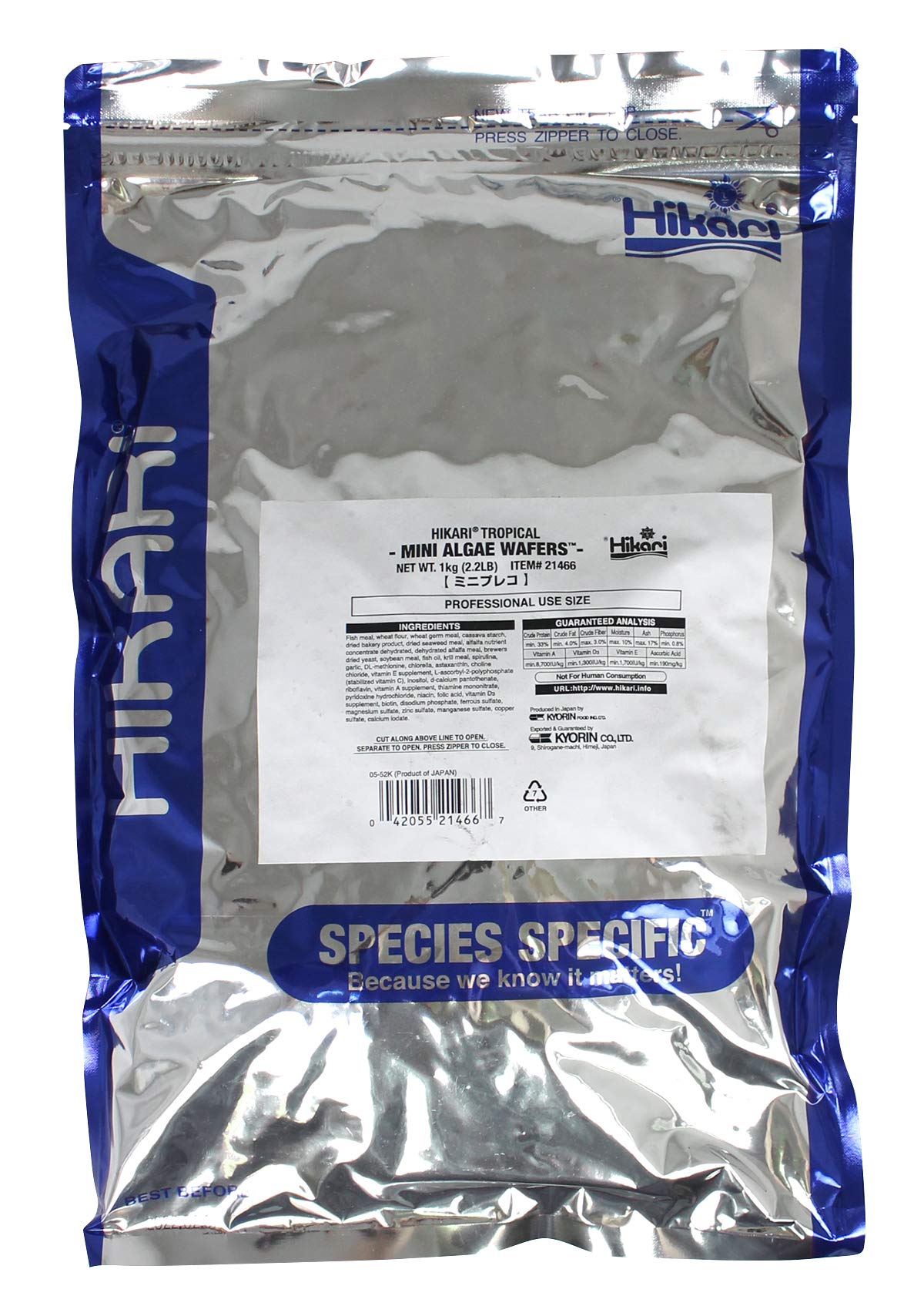 Hikari Tropical Mini Algae Wafers bag open shows convenient feeding and portioning.