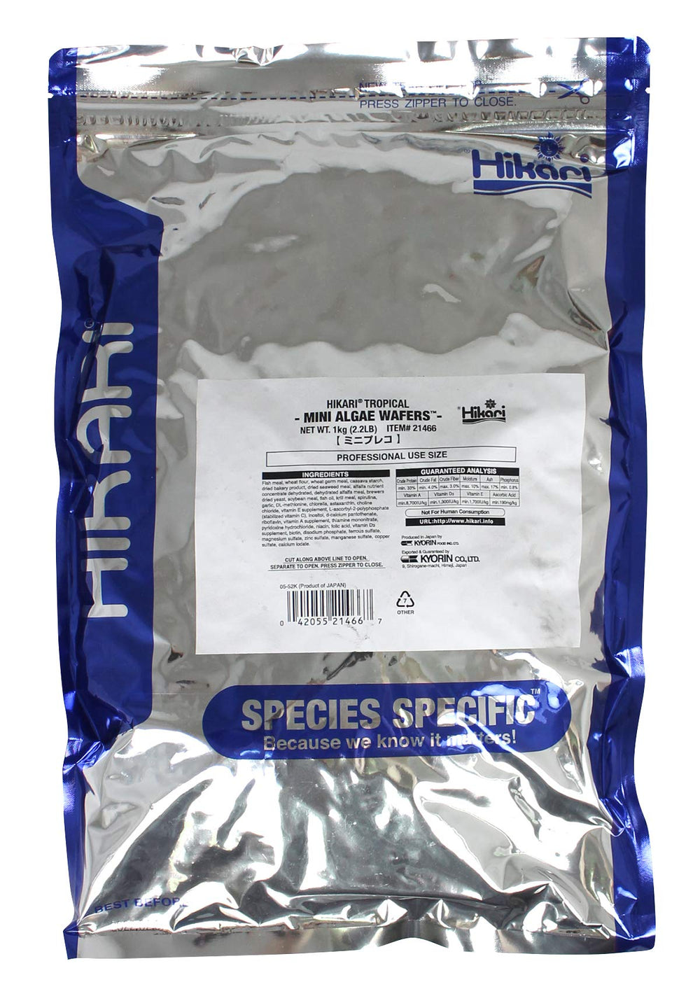 Hikari Tropical Mini Algae Wafers bag open shows convenient feeding and portioning.