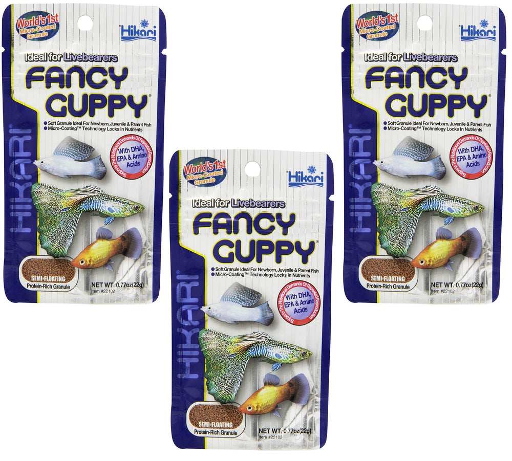 Hikari Usa Tropical Fancy Guppy 3-pack product image supporting breeding and growth.