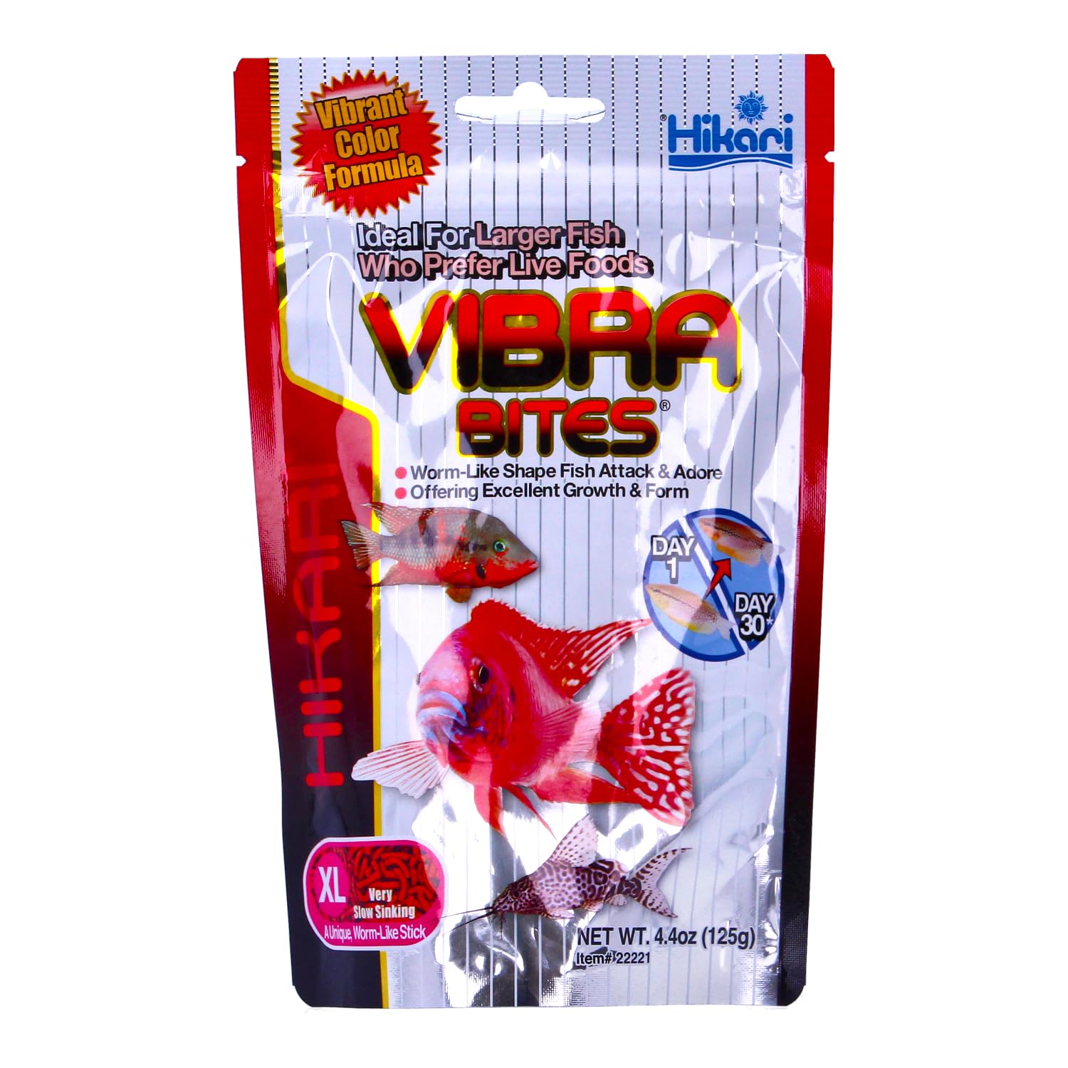 Hikari Vibra Bites adult-large fish feeding shows portion size.
