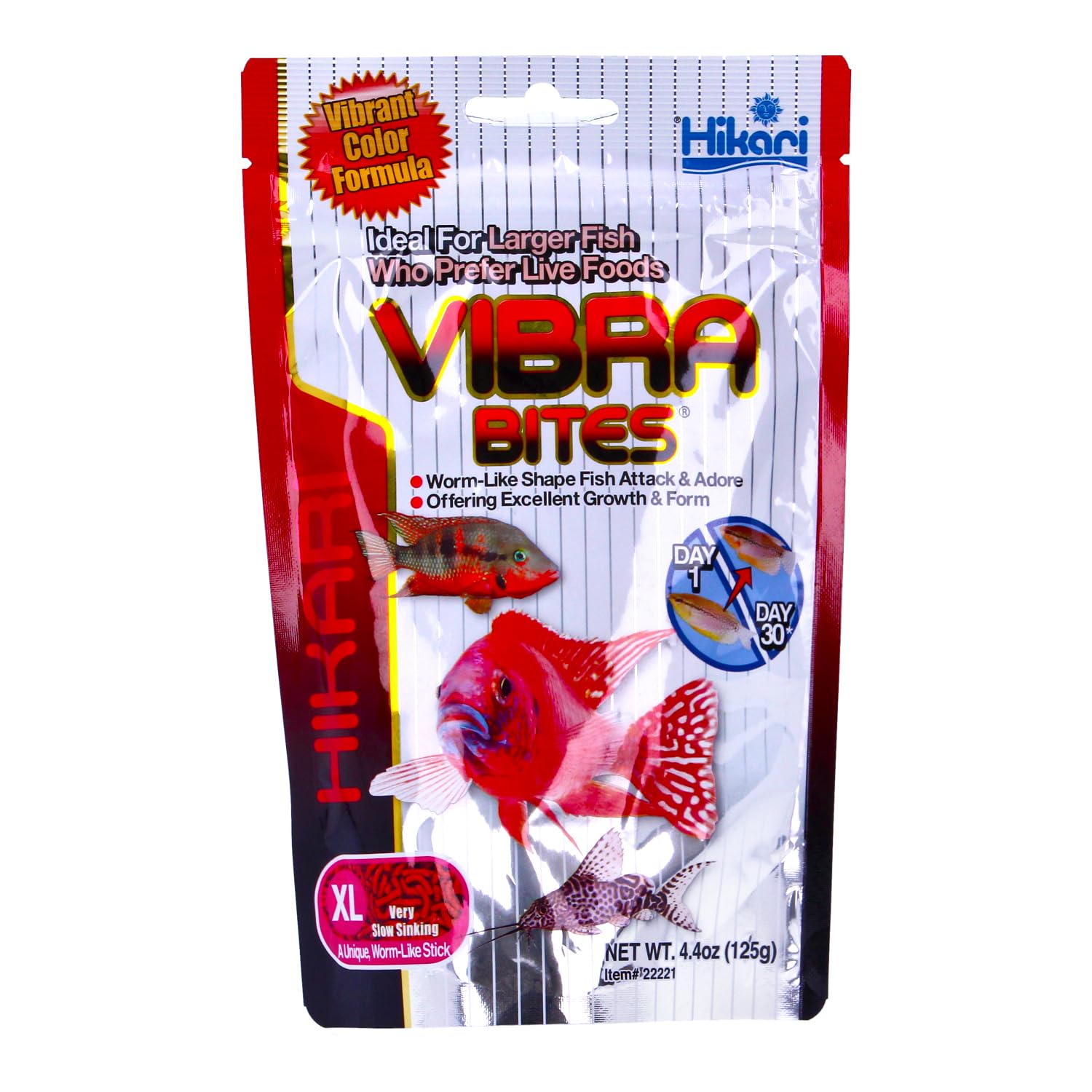 Hikari Vibra Bites extra-large packaging shows a convenient storage jar.