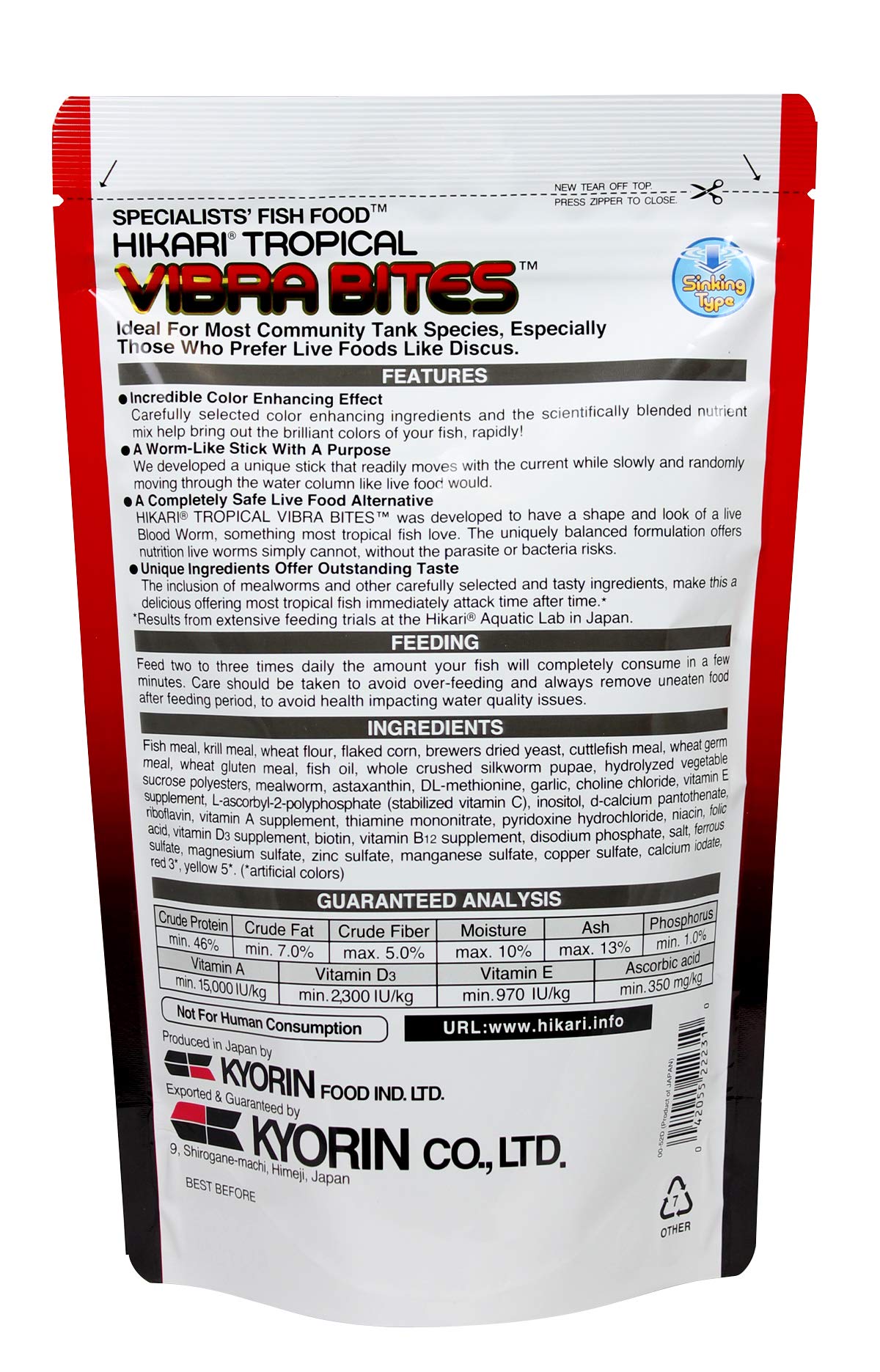 Hikari Vibra Bites mealworms ingredient offering protein-rich appeal.