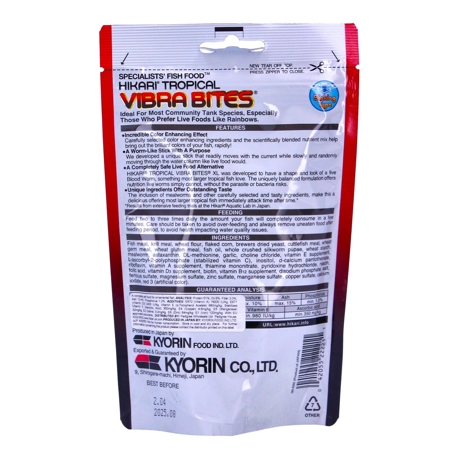 Hikari Vibra Bites pellets close-up highlight worm-like shape for large fish.