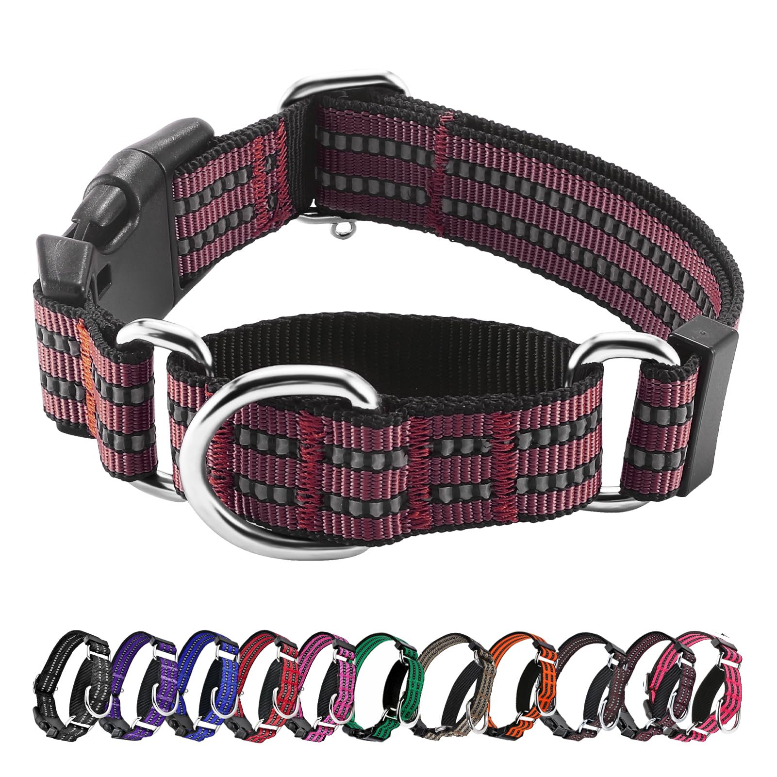 Hikiko martingale collar burgundy front view highlights durable nylon and secure daily wear.