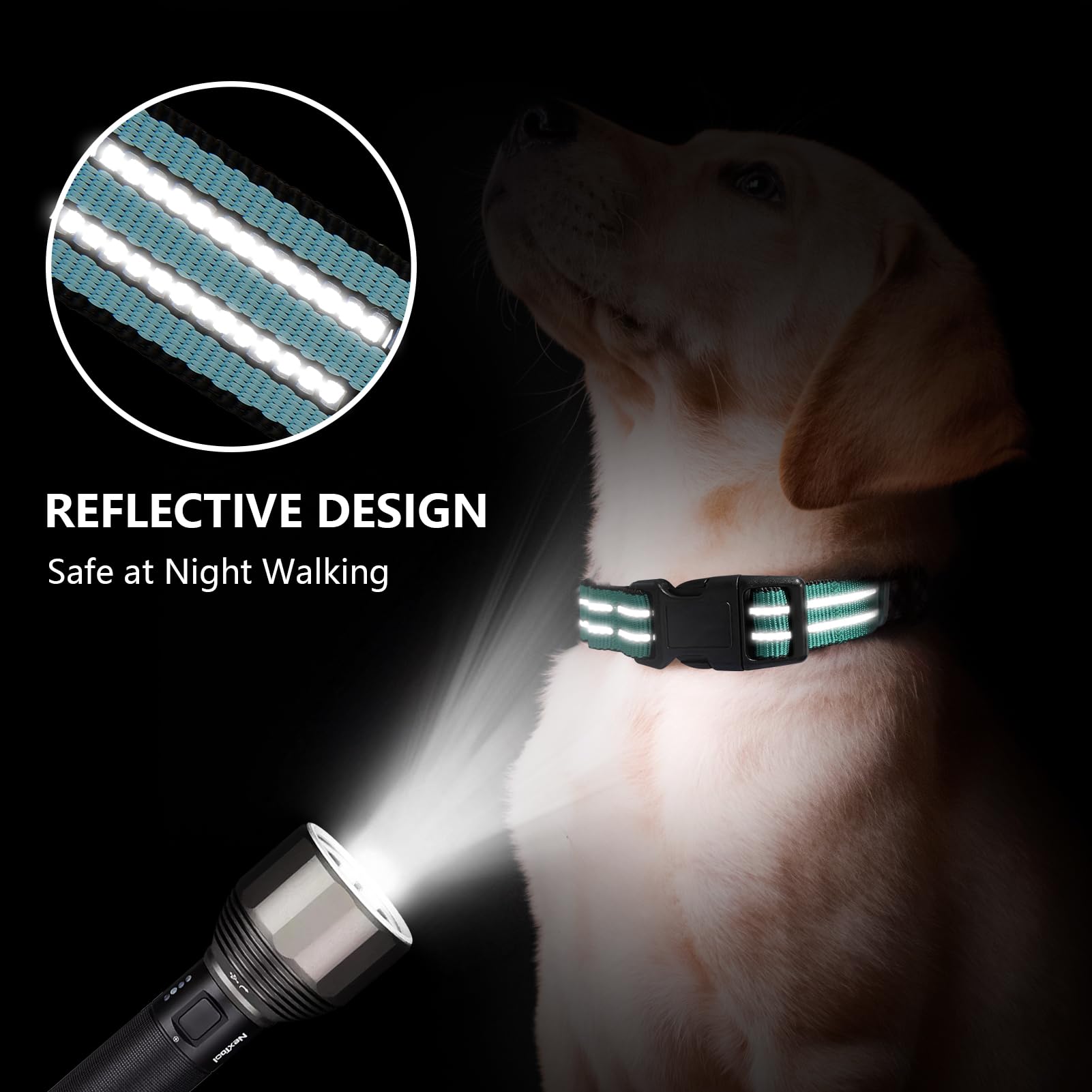 Hikiko Martingale collar reflective strap boosts nighttime visibility for safer walks.
