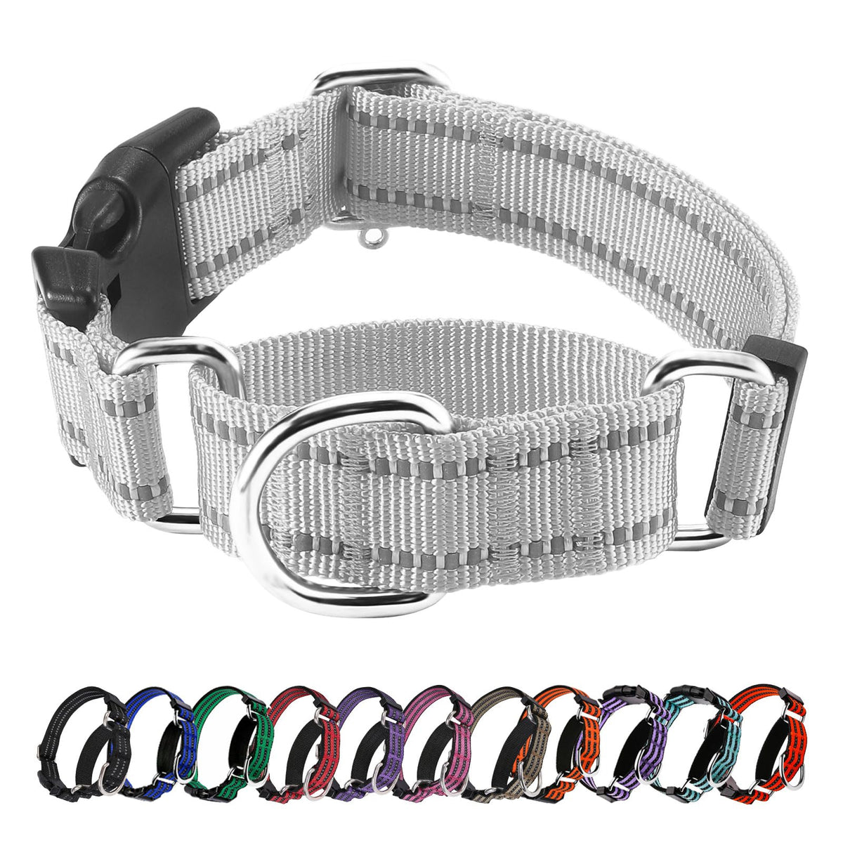 Hikiko reflective martingale collar closeup shows durable nylon and secure fit for daily wear.