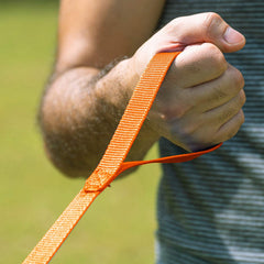 Hi Kiss training leash closeup shows durable nylon and reinforced stitching.