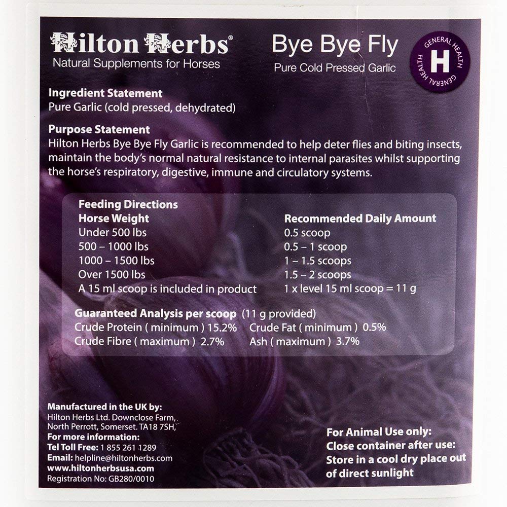 Hilton Herbs Bye Bye Fly Garlic Granules added to horse feed for daily dosing and routine use